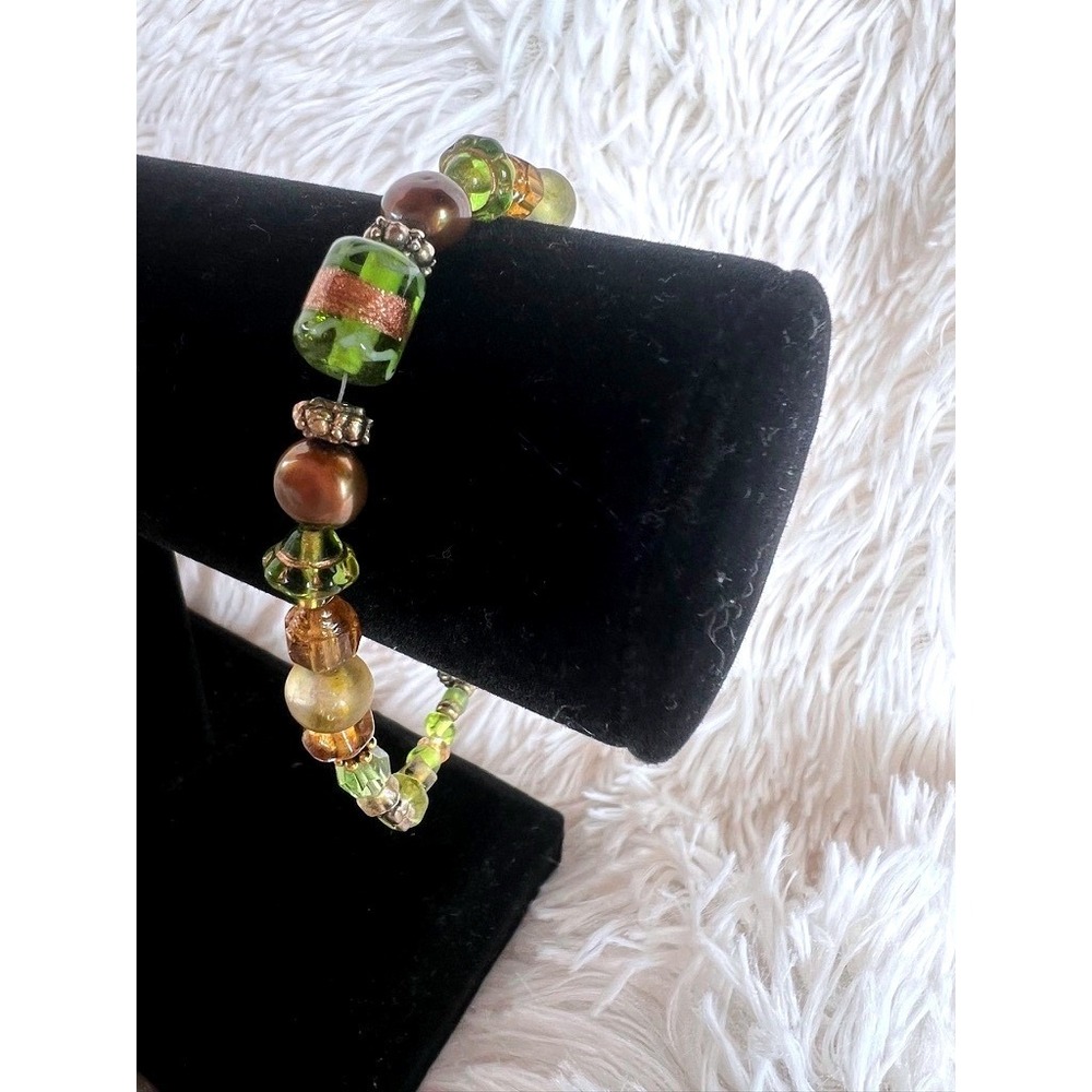 Handmade Lampwork Glass Bead‎ Bracelet Green Amber Artisan Earthy Woodland Honey
